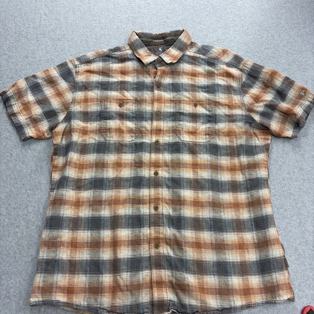 Kuhl Shirt Mens XL Blue Orange Plaid Skorpio Linen Blend Gorpcore Short Sleeve